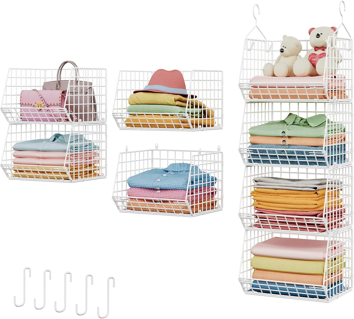 X-cosrack 4 Tier Closet Hanging Organizer, Foldable Closet Shelving with 2 Hanging Hooks 5 S Hooks, Wire Storage Basket for Wardrobe Laundry Room, for Clothing Sweaters Shoes Handbags Patent-White