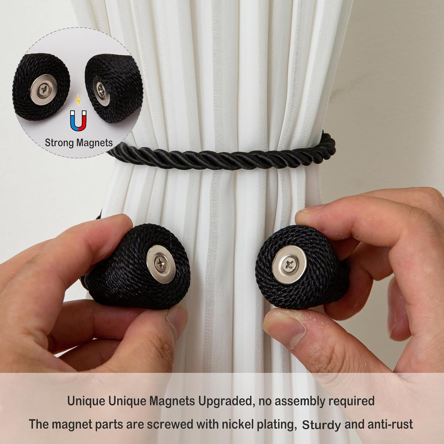 Magnetic Curtain Tiebacks 4 Pack Outdoor Rope Curtain Tie Backs Decorative Window Treatment Holdbacks for Home Decorative Curtain, Black