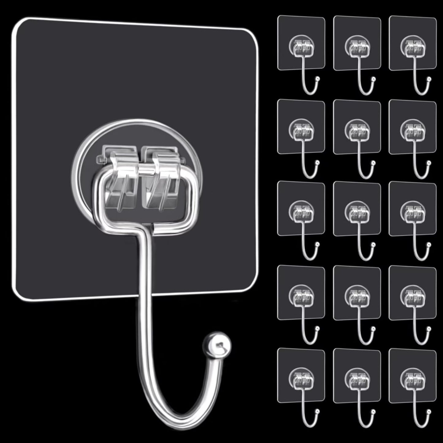 DKHDBD Large Adhesive Hooks, 16-Pack Hold 33lb(Max) Heavy Duty Sticky Hooks, Waterproof Transparent Hooks for Hanging, Self-Adhesive Traceless Clear Wall Hooks to Use for Keys Robe & Towel