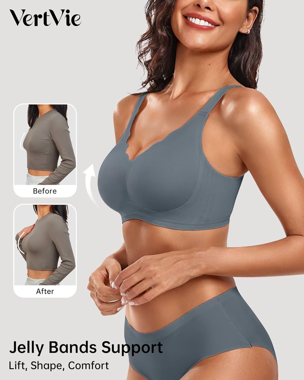 Vertvie Womens Seamless Bras No Underwire Supportive Wireless Push Up Full Coverage Bralette Comfort Scalloped T-Shirt Bra