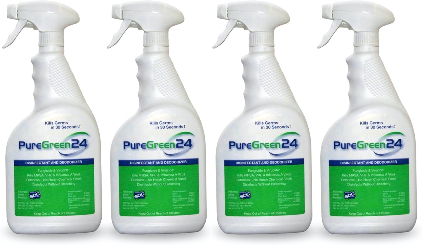 PureGreen24 Safe & Effective Disinfectant. Kills Deadly Germs including RSV Norovirus MRSA Staph 2025 flu Bird Flu Contains No Toxic Chemicals Odorless Child & Pet Safe (4) 32oz Spray Bottles