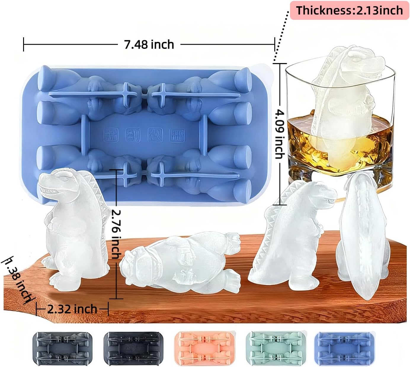 7.48inch Newly Upgraded 4-grid 3D Dinosaur Ice Tray and Covered Silicone Ice Tray, Suitable for Bars, Outdoor and Home Use (1, blue)