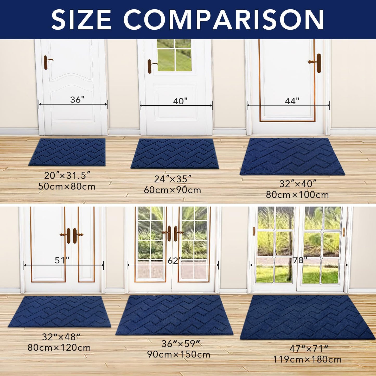 hicorfe Indoor Doormat,Front Back Door Mat Rubber Backing Non Slip Door Mats 20"x48" Absorbent Resist Dirt Entrance Doormat Inside Floor Mats for Entryway Washable Low-Profile(Navy Blue)