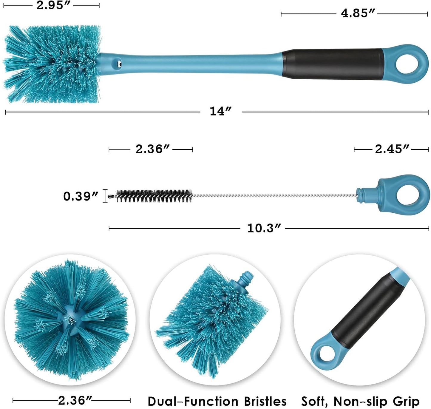 2-in-1 Bottle Cleaning Brush and Hidden Straw Brush, Long Handle Water Bottle Brush Cleaner with Replaceable Head for Sports Bottles, Baby Bottles, Mugs, Straws, Smokey Blue