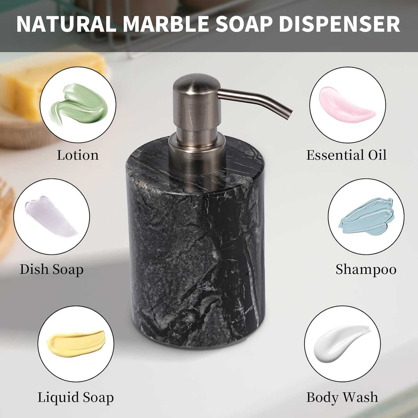 Marble Soap Dispenser with Stainless Steel Pump, Black Hand Liquid Soap Dispenser, 6 Ounces for Bathroom