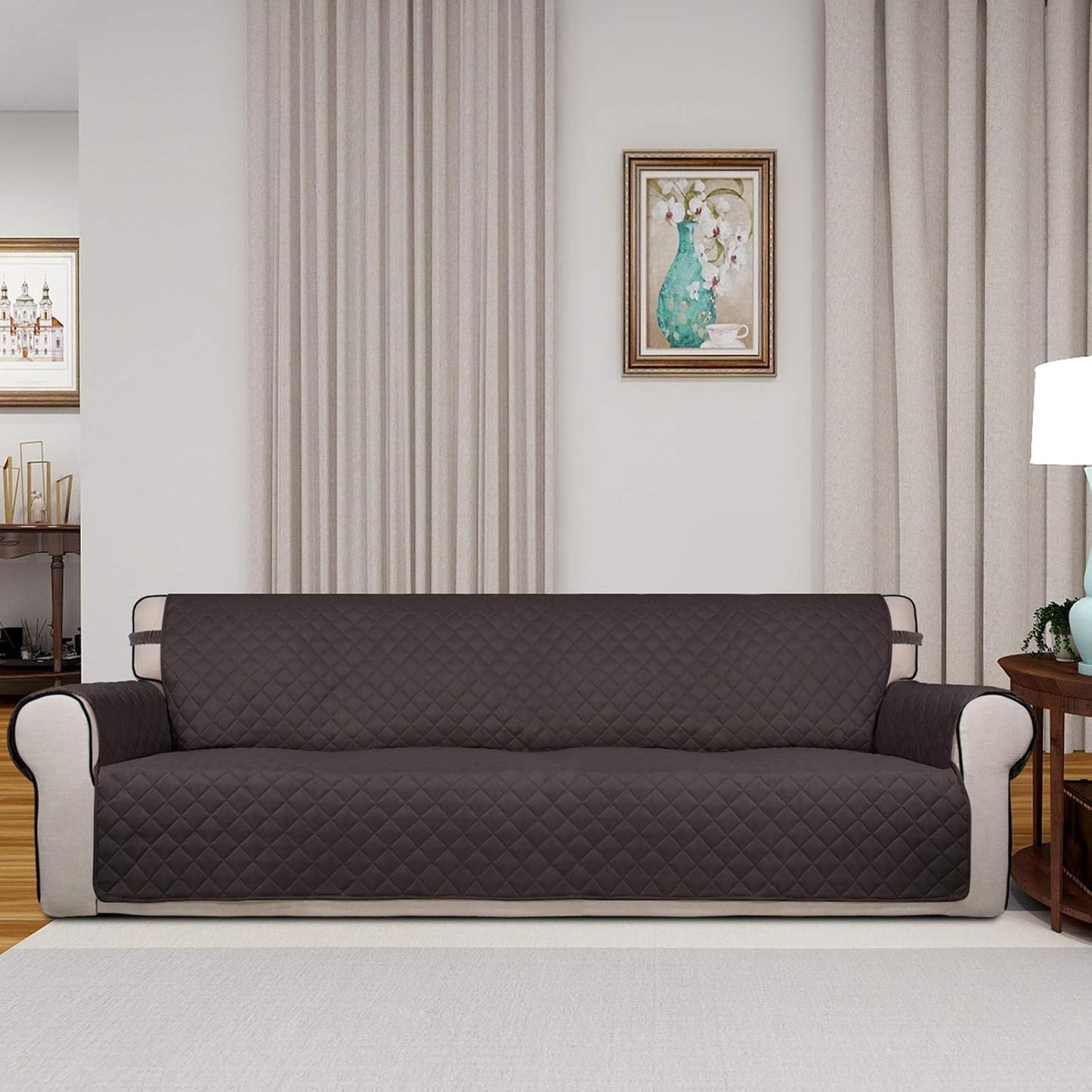 PureFit Reversible Quilted Sofa Cover, Water Resistant Slipcover Furniture Protector, Washable Couch Cover with Non Slip and Elastic Straps for Kids, Dogs, Pets (XX Large, Chocolate/Beige)