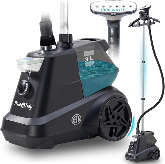 True & Tidy® Heavy-Duty Commercial Industrial Standing Garment Steamer for Clothes, 1800 watts, XL 3L water tank 90+ mins of Steam 3 Steam Settings, Step On/Off Control, Wheels for Easy Movement