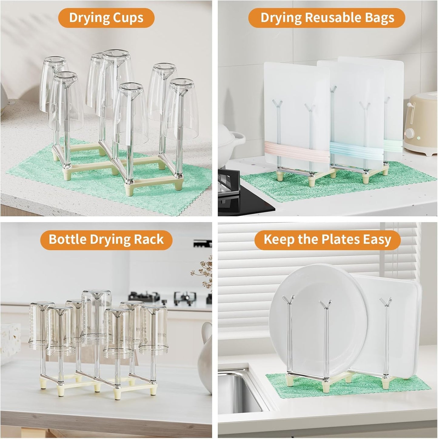 Marbrasse Retractable Cup Drying Rack, Drinking Glass and Sports Bottle Drainer Stand, Plastic Bag Dryer with Non-Slip Bottom for Kitchen Countertop, 2p - White