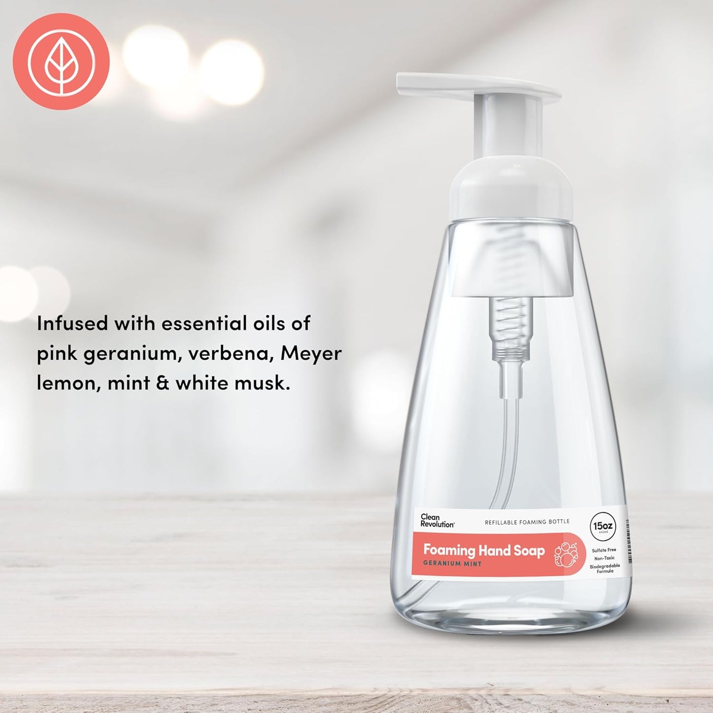 Clean Revolution Foaming Hand Soap, Gentle, Moisturizing, Ready To Use Formula, Real Essential Oils, Gluten Free, Geranium Mint, 15.25 Fl Oz