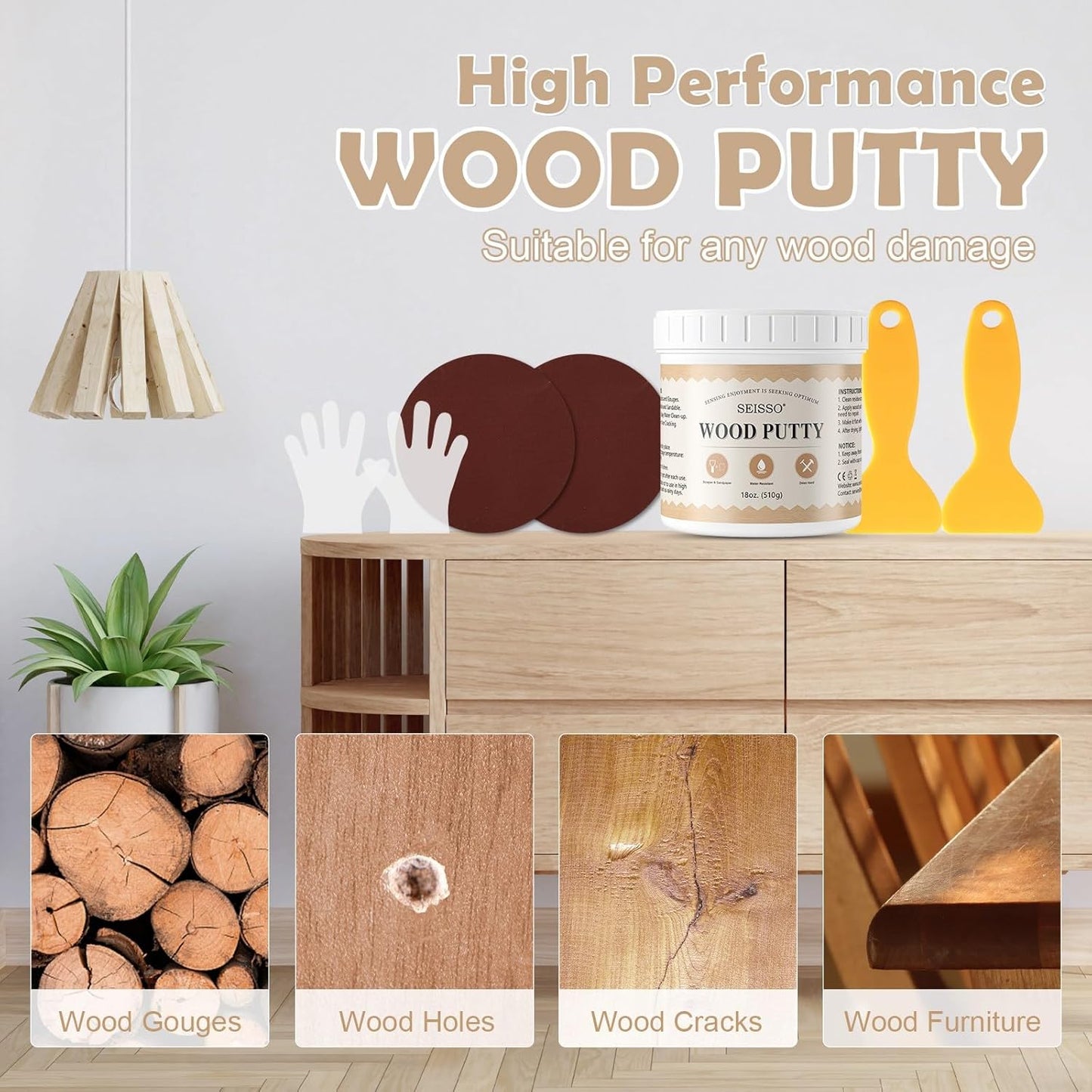 SEISSO Wood Filler & Putty - Waterproof Outdoor Wood Repair Putty, Paintable & Stainable, White Furniture Repair Kit for Wooden Cabinets, Doors, Floors, Tables