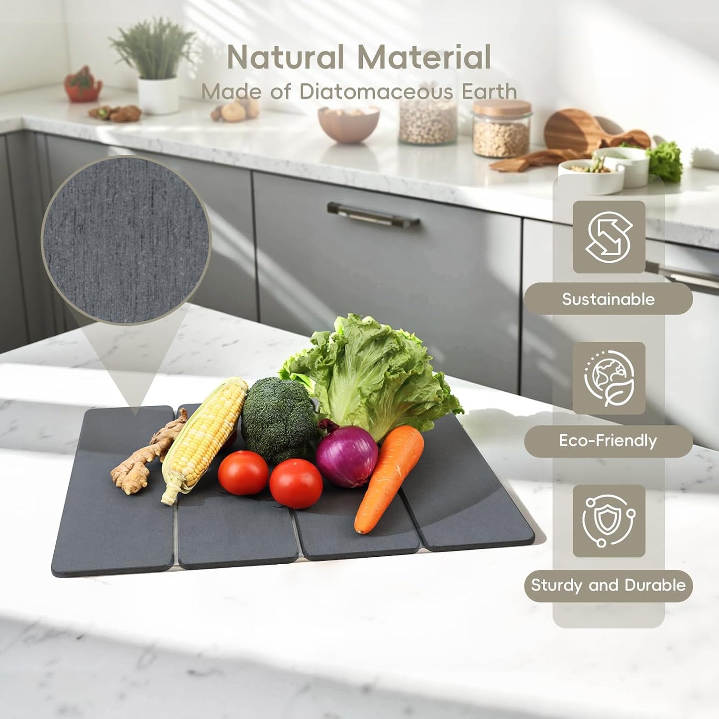 Large Stone Dish Drying Mat for Kitchen Counter, HQAUT 24×16" Collapsible Quick Drying Dish Mats, Ultra Absorbent Diatomaceous Earth, Non-Slip Dishes Drainer Drying Mat, Easy to Clean