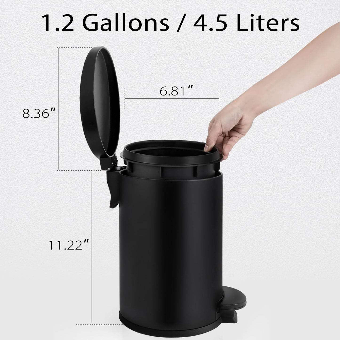 TIPGO 1.2 Gallon Small Black Trash Can, 4.5 Liters Bathroom Garbage Can with lid, Mini Step Trash Bin, Stainless Steel Wastebasket for Bathroom, Bedroom, Office (Matte Black)