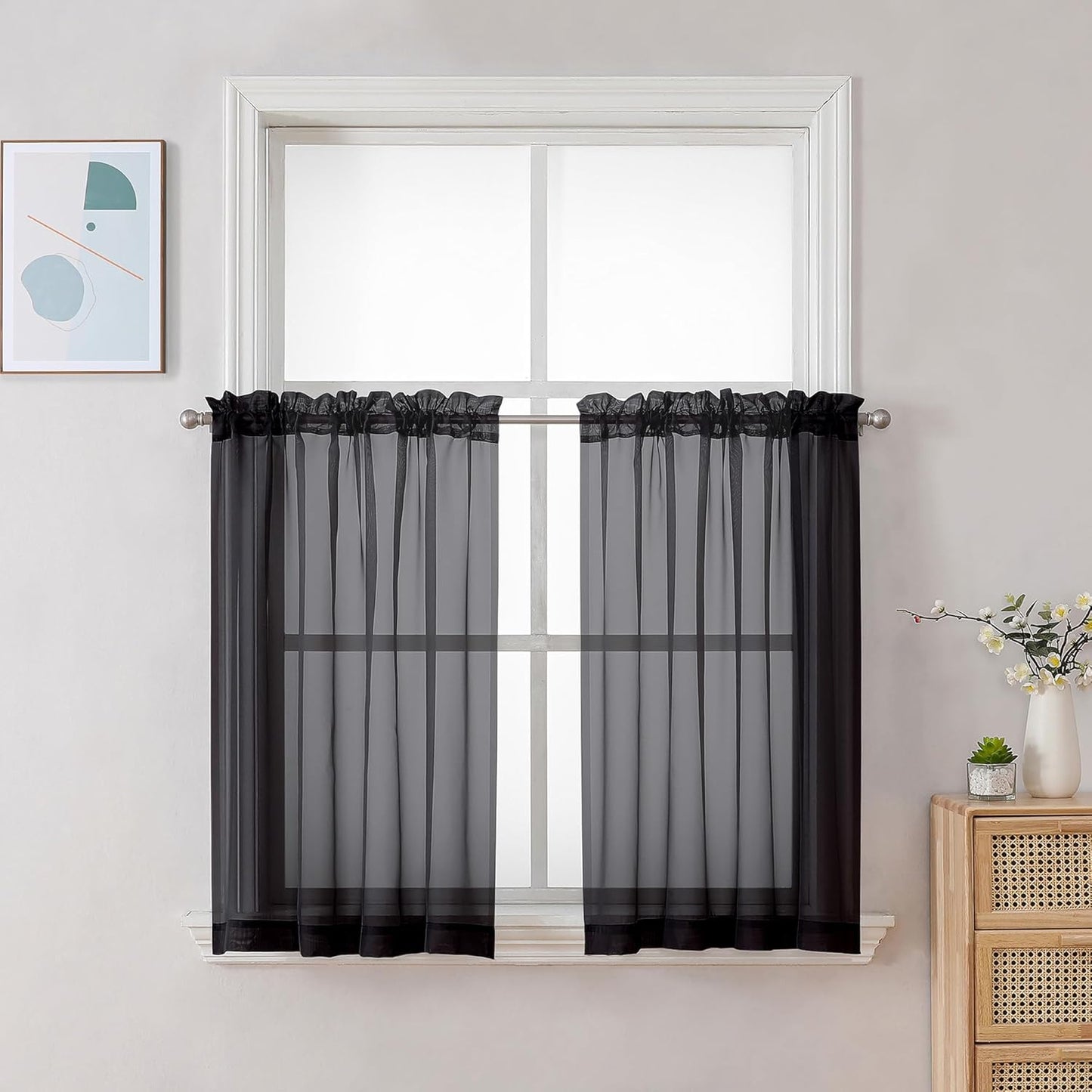 Chyhomenyc Black Sheer Tier Curtains 24 Inch Length, Small Window Curtains Treatment for Bathroom/Living Room/Cafe/Basement, Short Voile Curtain Tiers, 42W x 24L, Rod Pocket, 2 PCS