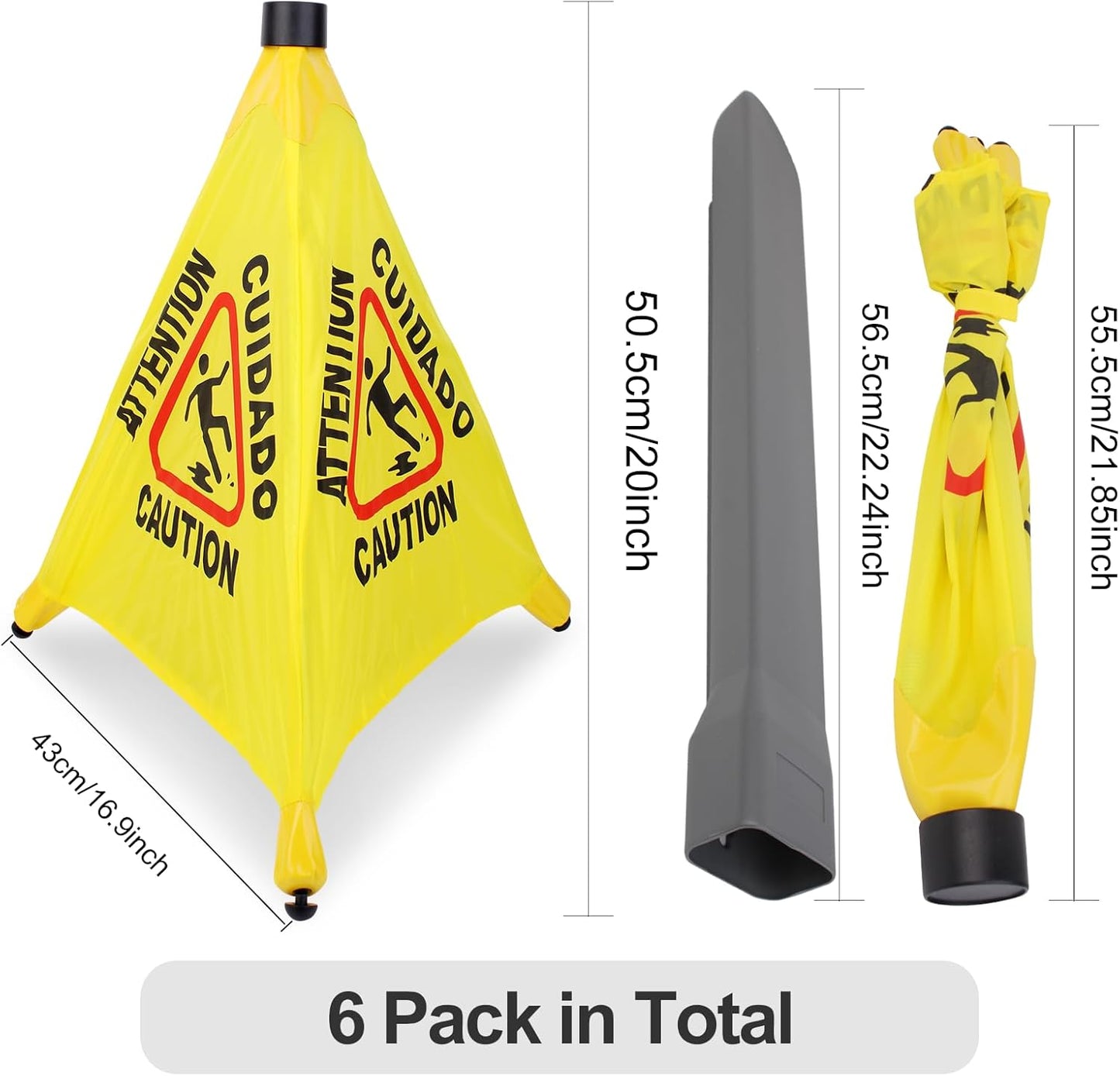 6 Pcs 20 inch Pop up Wet Floor Sign with Storage Tube, Wet Safety Signs Commercial Caution Safety Cone Pop up Caution Sign for Commercial Stores Grocery Restaurant Restroom Office