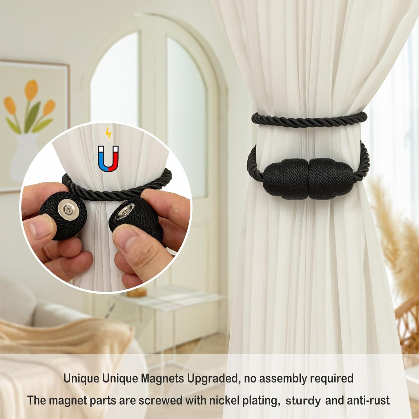 Magnetic Curtain Tiebacks Rope Curtain Tie Backs for Curtains 6 Pack Curtain Holders for Drapes Decorative Window Curtain Holdbacks, Black