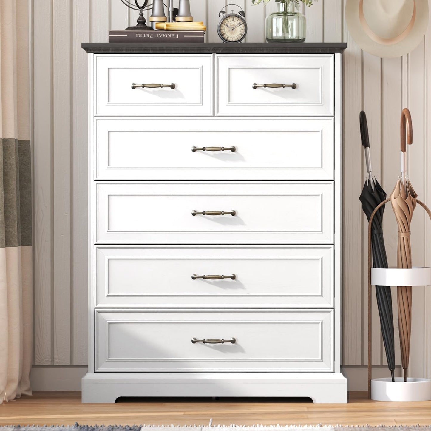 6 Drawer Dresser for Bedroom, 43" Tall Wooden Chest of Drawers, Rustic Farmhouse Dresser with Large Drawers & Metal Handles, Modern Storage Organizer for Closet, Living Room, Hallway, White