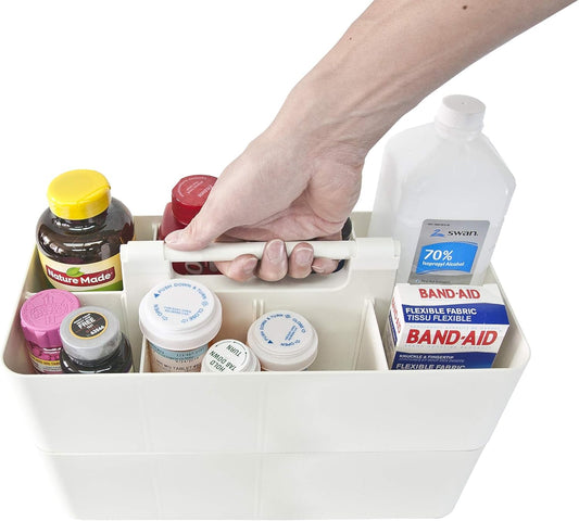 2 PACK - Portable DIY 8 Dividers Durable Plastic Organizer Tote Tool, Supply, Vanity Storage Home Office School Makeup Cleaning Caddy with Handle Made In USA (Ivory)