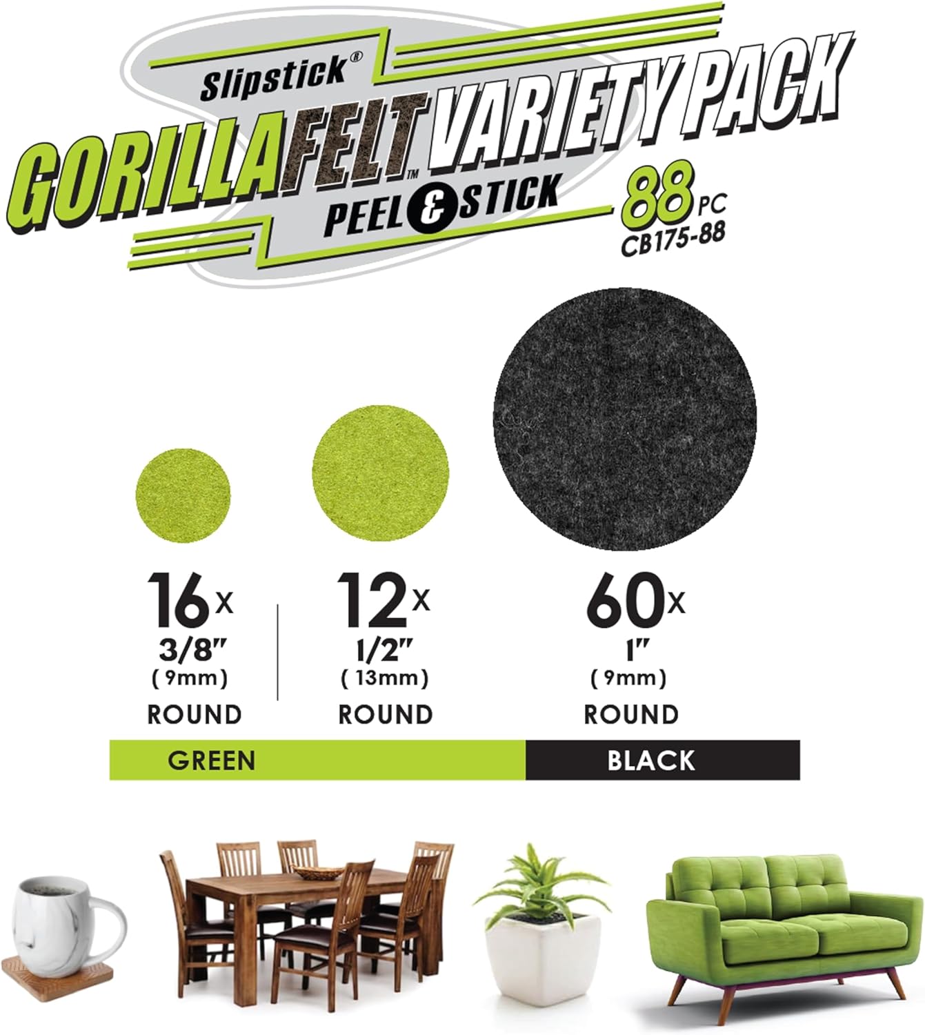 Slipstick Gorilla Felt 1 Inch Furniture Pads (88 Piece Combo) Premium Furniture Pads & Chair Leg Floor Protectors for Hardwood Floors & Hard Surfaces