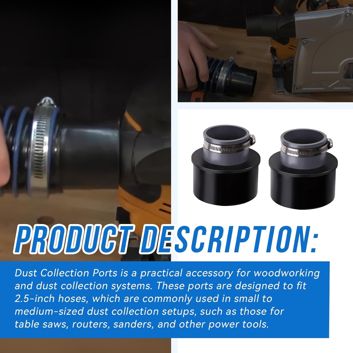 2.5'' Dust Collection Ports Port(2 Ports & 2 Metal Hose Clamps) Compatible with 2.5-inch dust collection hoses(Pack Of 2)
