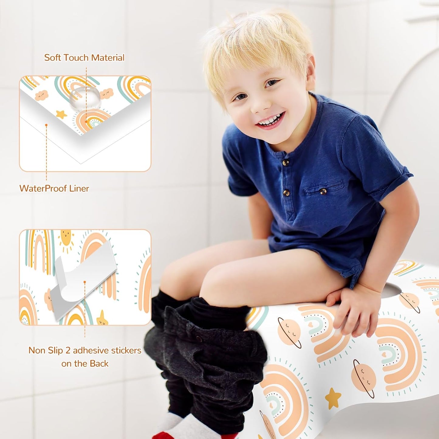 30 Pack Toilet Seat Covers Disposable, Individually Wrapped for Travel, Large Waterproof Potty Covers for Kids and Adults,Toddler Potty Training for Public Restroom, Airplane, Trip - Rainbow