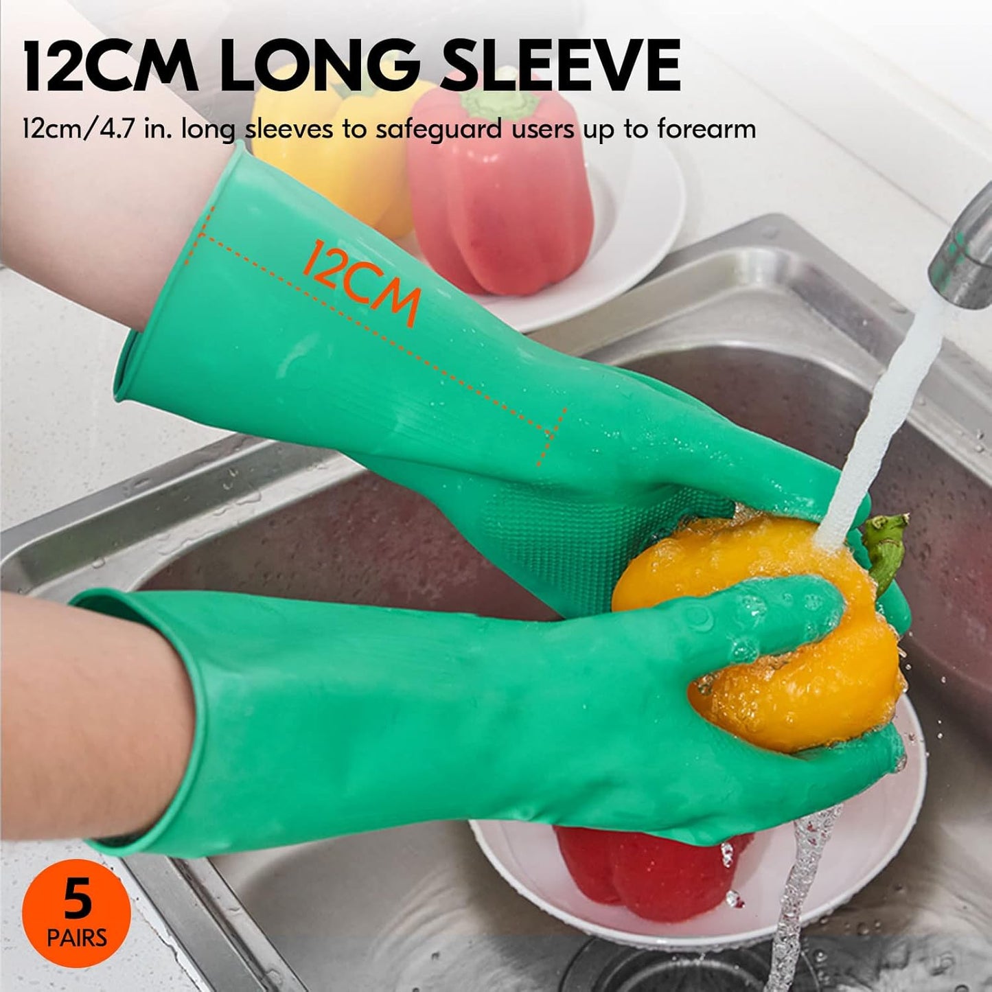 Vgo... 5-Pairs Reusable Household Gloves, Rubber Dishwashing gloves, Extra Thickness, Long Sleeves, Kitchen Cleaning, Working, Painting, Gardening, Pet Care (Size L, Green, HH4601)