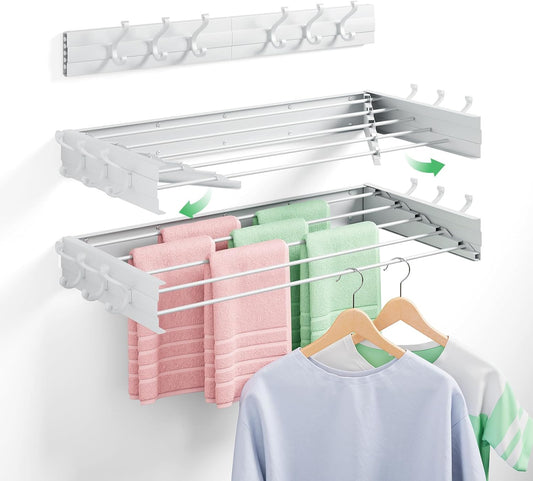Wall Mounted Drying Rack 31.5", Foldable Clothes Drying Rack with 6 Towel Hooks and 5 Rods for Hanging Clothes, Space Saving Laundry Rack for Indoor Outdoor Bathroom Balcony Laundry Room(31.5")