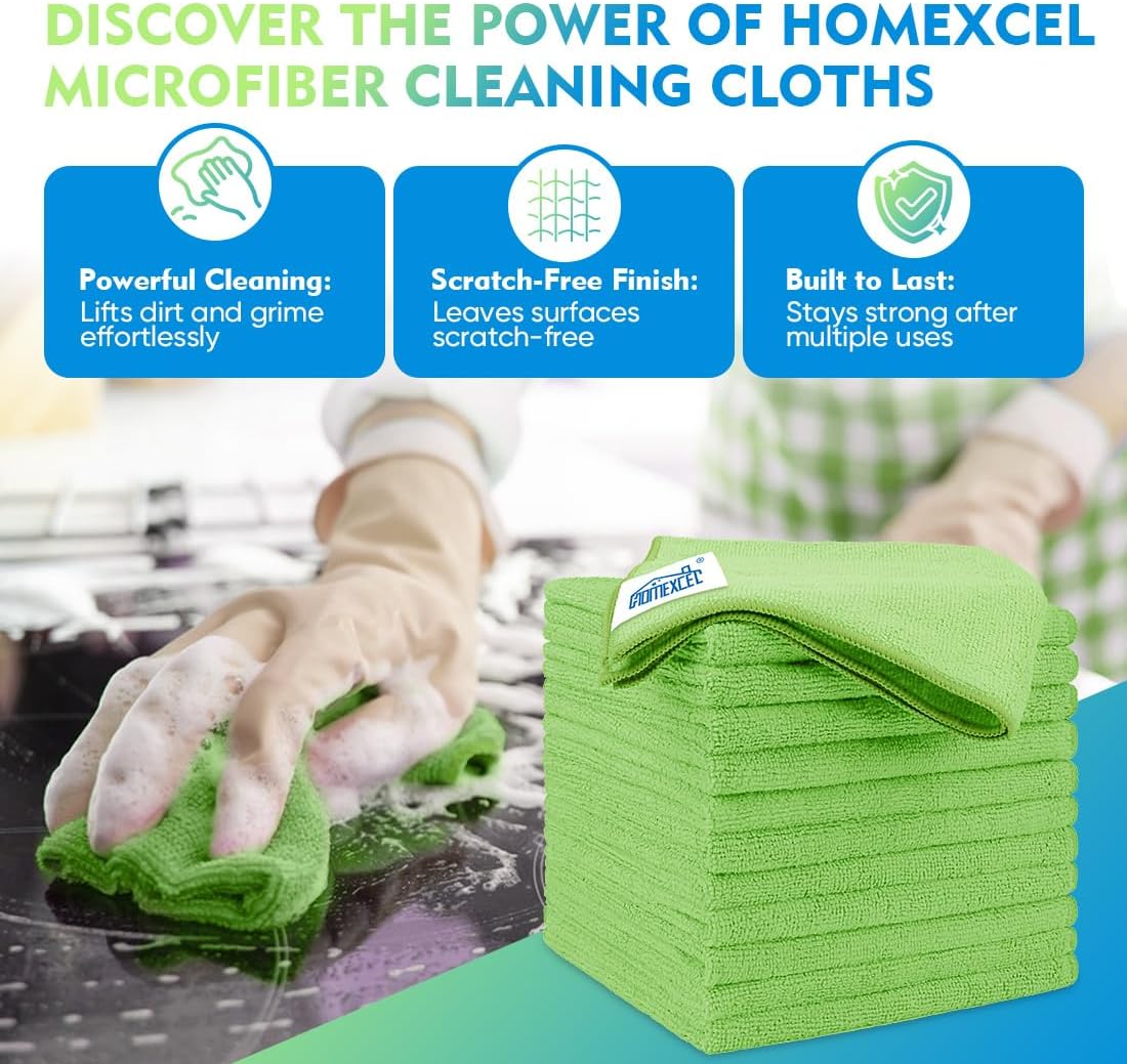 HOMEXCEL Microfiber Cleaning Cloth 20 Pack 11.5 x 11.5 Inch Microfiber Towels for Cars Ultra Absorbent Cleaning Rags Lint Free Cleaning Towels for Household Kitchen, Window Car Green