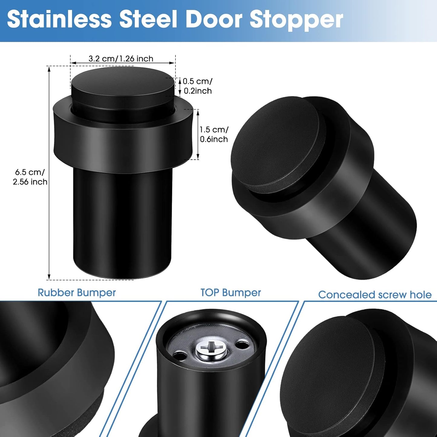 Chumia 30 Pcs Door Stopper Mounted Floor Stops Stainless Steel Cylindrical Stopper Modern Decorative Rubber Bumper Stops Holder Wall Protector for Bottom or Top of Door (Black)