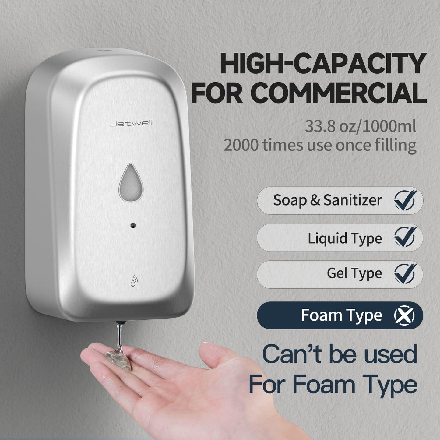 JETWELL Automatic Touch-Less Wall Mount Hand Soap Dispenser Liquid Drop Battery Operated, Brushed Stainless Steel Cover Large Capacity 34OZ/1000ML for Kitchen Home Commercial Bathroom
