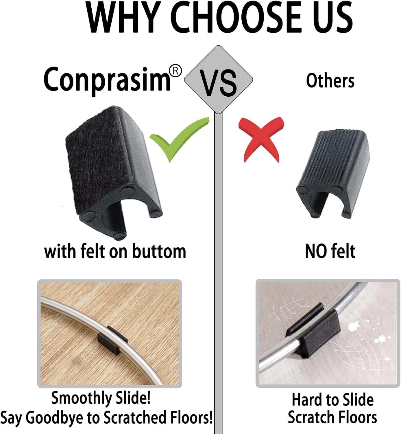 Rectangle U Shaped Chair Leg Tips Caps with Felt Pads,Furniture Feet Protector Slide Smoothly Glides No Scratches No Noise Protect Hardwood Floor,Fit 16mm(5/8inch) Diameter Tubular Leg (Black 8PCS)