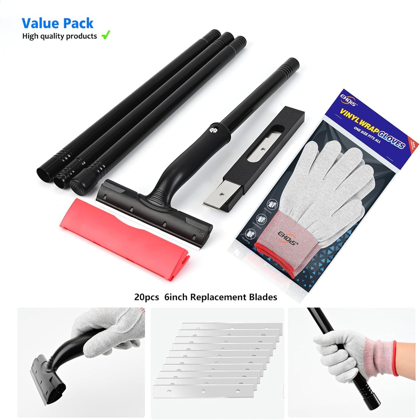 EHDIS Adjustable Razor Blade Scraper, 15''-58'' Long Handle 6" Blade Scraper Tool with 20 Double-Edge Blades for Cleaning Paint, Caulk, Adhesive,Painting Stripping Tools, Tile, Floors, Walls