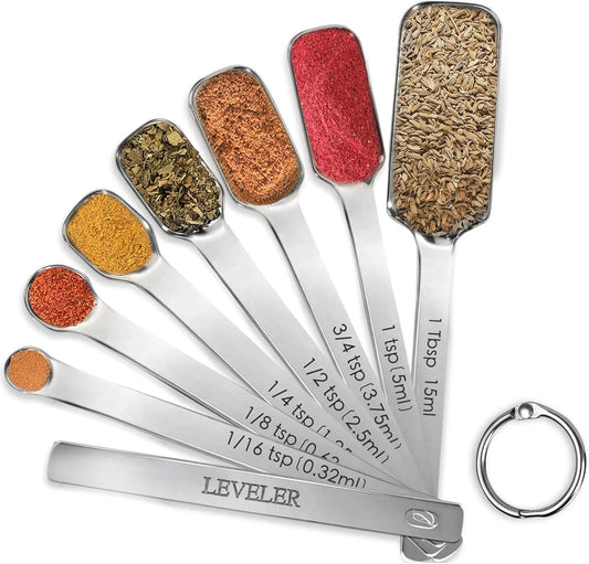 Stainless Steel Measuring Spoons Set of 8, Rectangular Metal Measuring Spoons with Leveler, Compact Spoons Design for Narrow Spice Jars, Teaspoon & Tablespoon Spoons for Dry & Liquid Ingredients