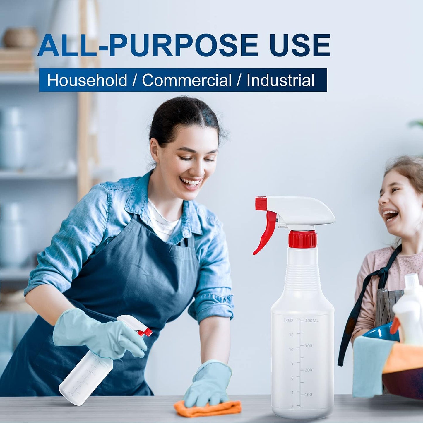 Veco Spray Bottle (5 Pack,16 Oz) with Measurements and Adjustable Nozzle(Mist & Stream Mode), HDPE Plastic Spray Bottles for Cleaning Solution, Household/Commercial/Industrial Use, No Leak and Clog