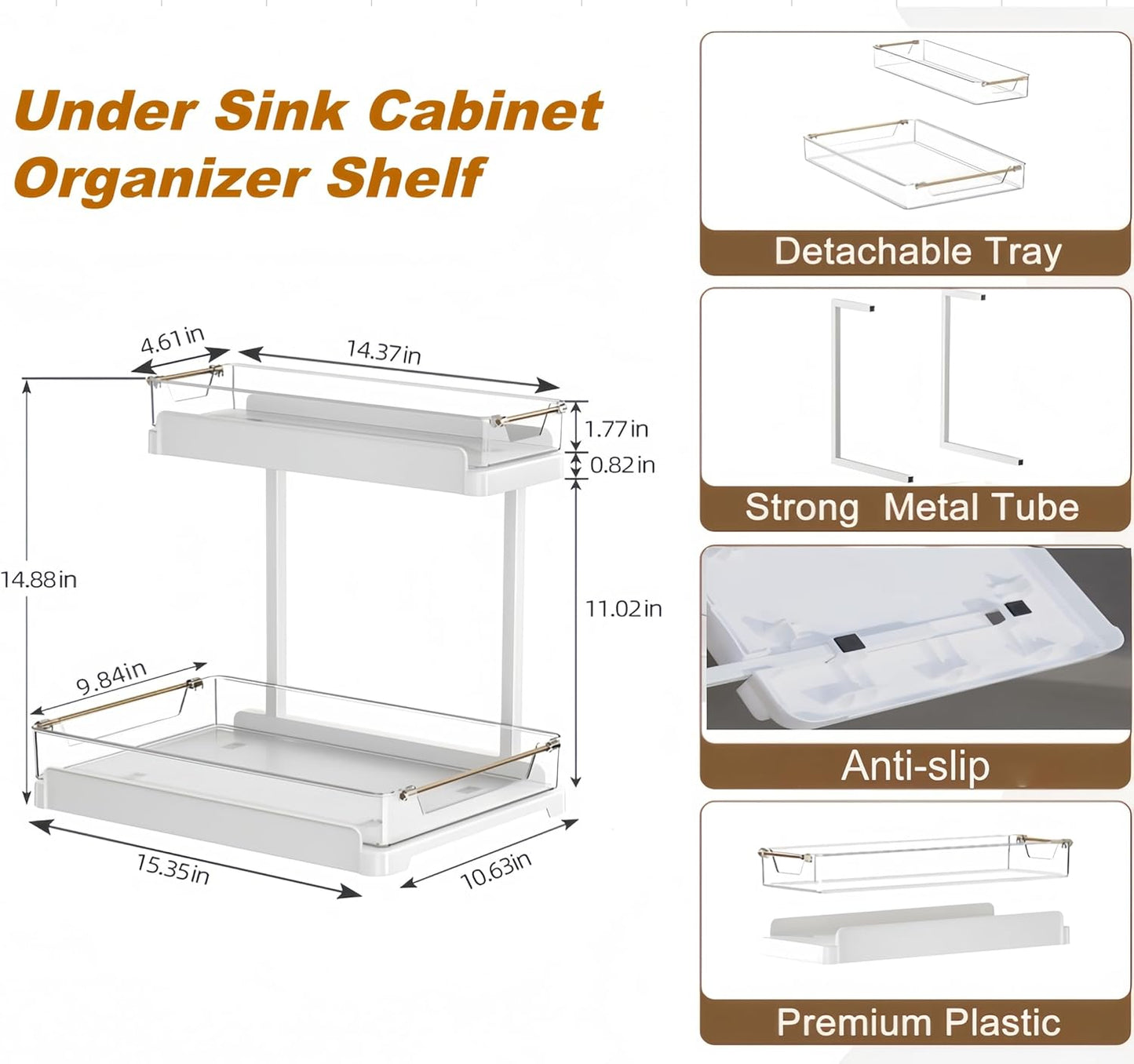 heart & home 1-Pack Under Sink Storage Organizer for Kitchen & Bathroom Cabinets with Removable Washable Tray, Tool-Free Assembly – Multi-Purpose for Kitchen Countertop, Vanity, & Laundry Room，White