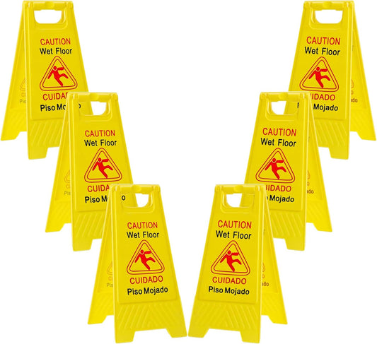 6-Pack Caution Wet Floor Signs | Foldable Sturdy Double-Sided Bilingual Saftey Warning Signs | Cuadado Piso Mojado| Avoid Fall & Slip Accident | Bright Yellow