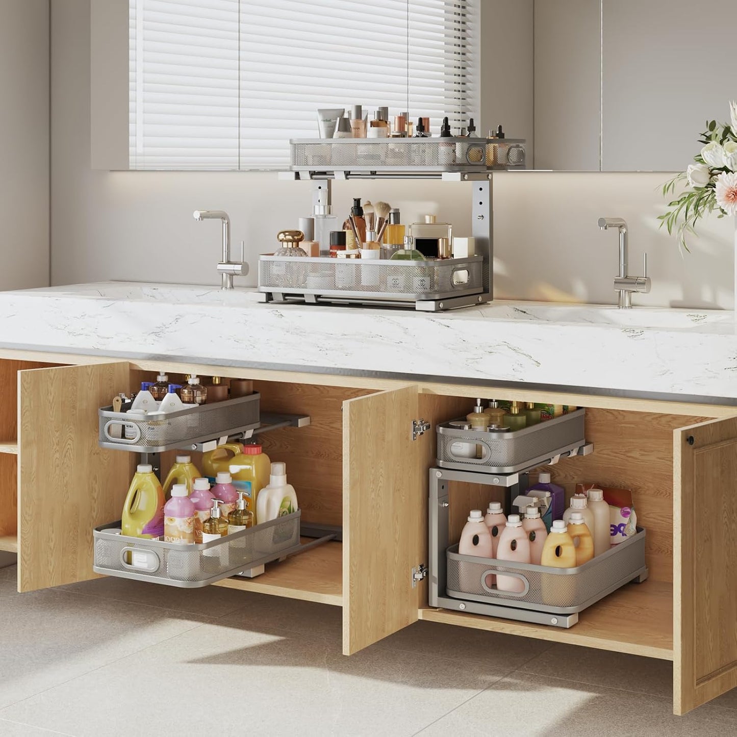 2 Pack 19.3IN-Depth Under Sink Organizer with Smooth Cylindrical Rail,2-Tier Pull Out Multi-Purpose Cabinet Storage for Bathroom&Kitchen,Height Adjustable,Rust-Resistant Coating-Gun Gray