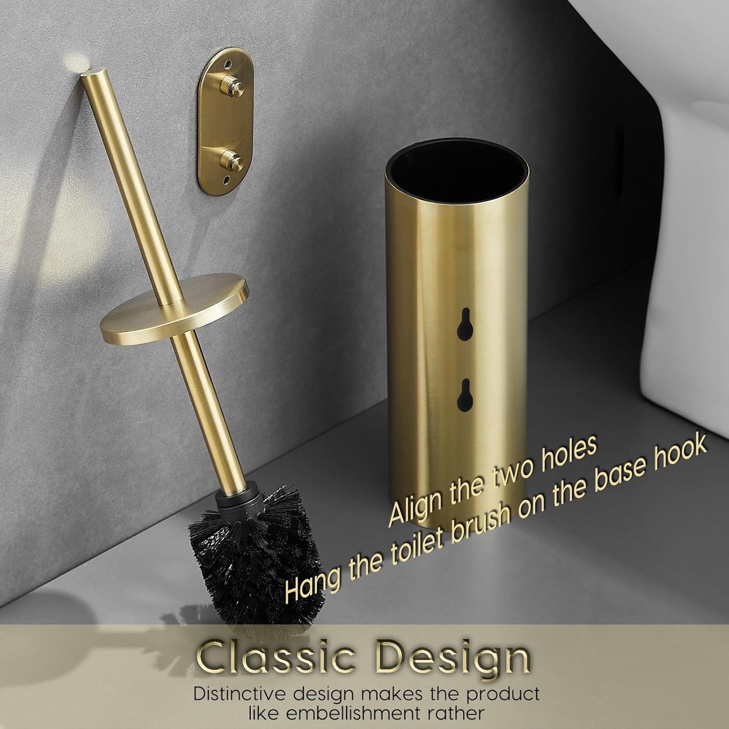 Gold Brushed Stainless Steel Toilet Brush and Cover, No-Punch Hook Base Dual Purpose Toilet Brush Holder with Removable Inner Bucket and Splash Cover - Soft Bristles (Brushed Gold)