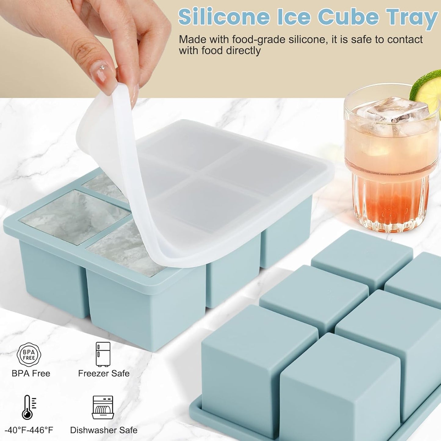 Large Silicone Ice Cube Tray 3Pack, SAWNZC Big Square Ice Cube Molds for Whisky Cocktail, Ice Maker Tray with Lid for Freezer, Easy Release (3, Blue+Green+Purple)