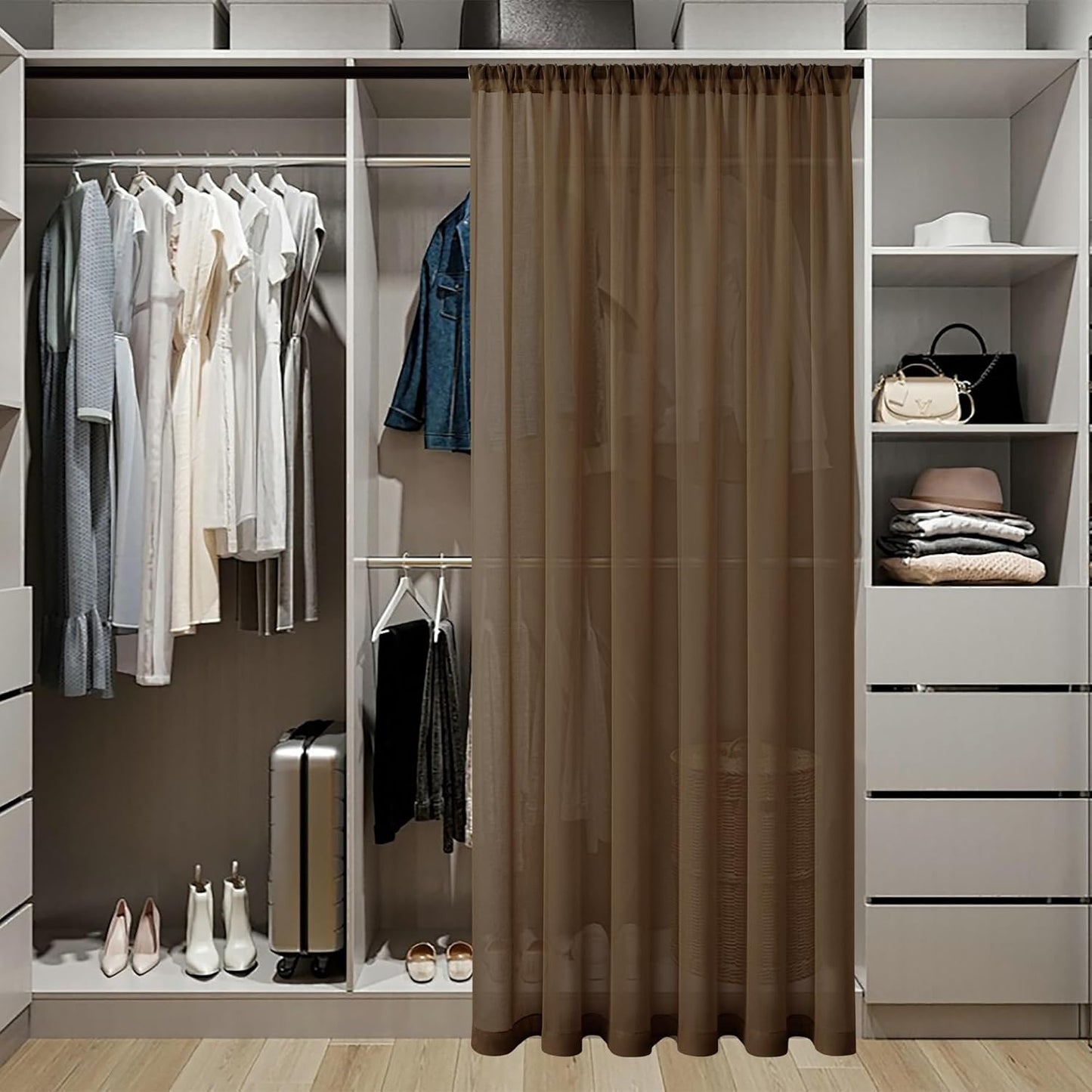 Tollpiz Short Sheer Door Curtain Closet Linen Textured Curtain Sheers Doorway Light Filtering Voile Patio Glass Door Rod Pocket Curtains French Door, 54 x 54 inches Long, Brown, Set of 1 Panel