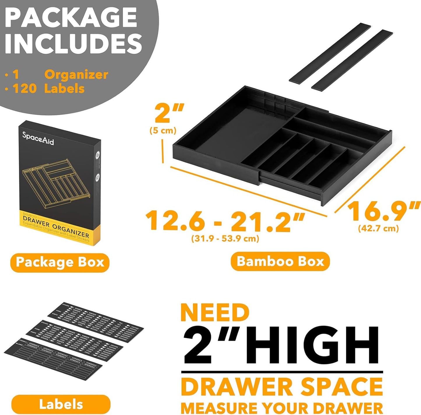 SpaceAid Bamboo Silverware Drawer Organizer with Labels, Kitchen Utensil Expandable Tray Holder Organizer for Flatware, Cutlery, Spoon and Knives Drawer Storage Organization (Black, 10 Slots)