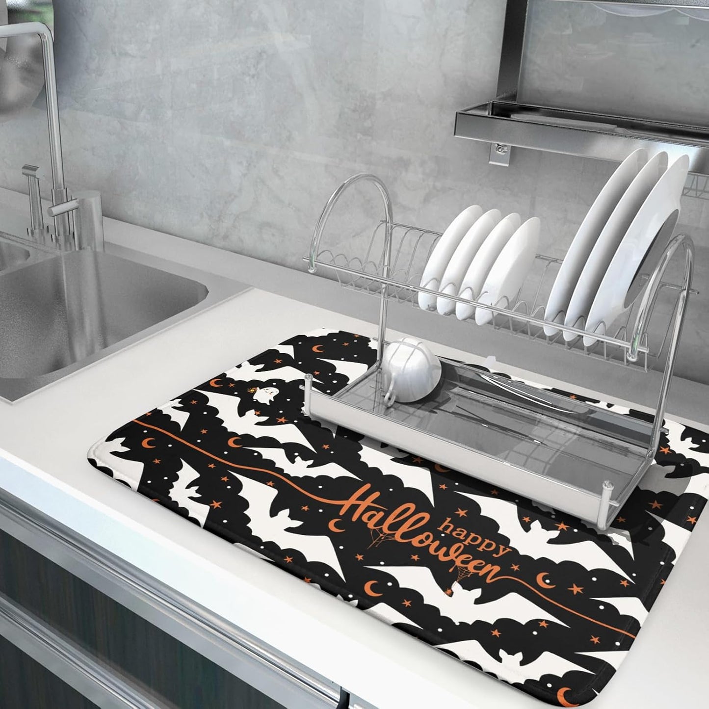 Halloween Black Bats Dish Drying Mat 16x18 Inch Happy Halloween Spooky Bat Microfiber Drying Mat for Dishes Absorbent Fast Dry Dish Rack Mat Drainer Pad Kitchen Decor Accessories for Halloween