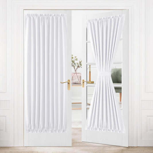 DWCN French Door Curtains – Rod Pocket Thermal Curtain for Doors with Glass Window, Kitchen and Patio Doors for Privacy, 54 X 80 Inches Long, 1 Curtain Panel with Tieback, Pure White