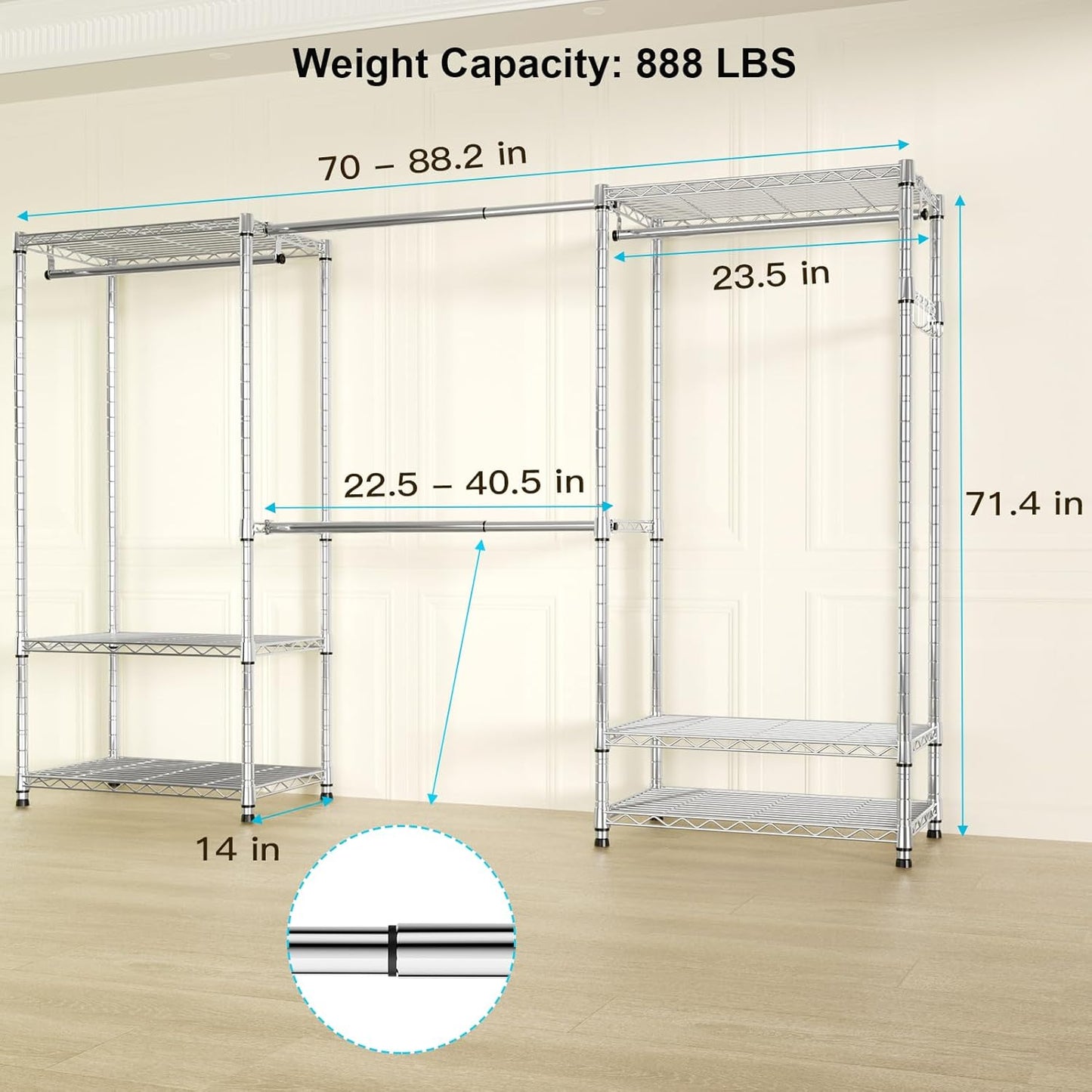 Ulif E1 Heavy Duty Closet Garment Rack, 6 Tiers Adjustable Metal Freestanding Expandable Clothing Storage with 4 Hanger Rods, Easy to Assemble Wardrobe, 71.4" H x (70" - 88.2") L x 14" D, Chrome