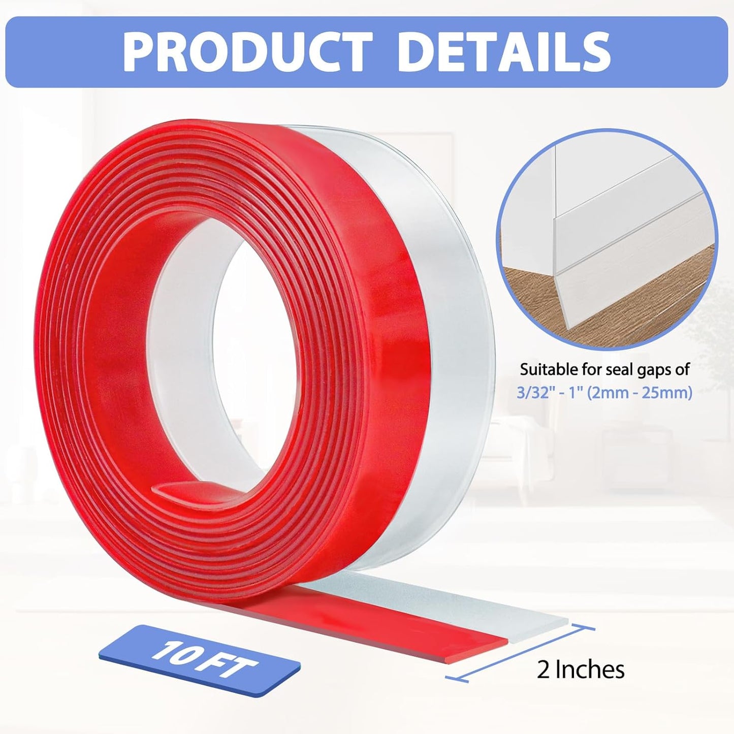 Weather Stripping Door Draft Stopper Flexible Self Adhesive Silicone Door Seal Strip for Glass Doors Windows and Shower Glass Gaps, 2 Inch Wide X 10 Feet Long, Clear