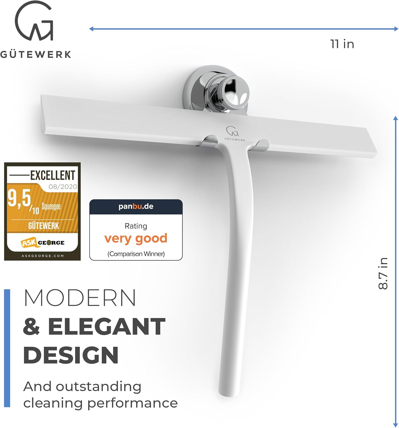 GÜTEWERK Shower Squeegee for Glass Doors, Silicone Window Squeegee, Bathroom and Glass Cleaning - White - 11 Inch