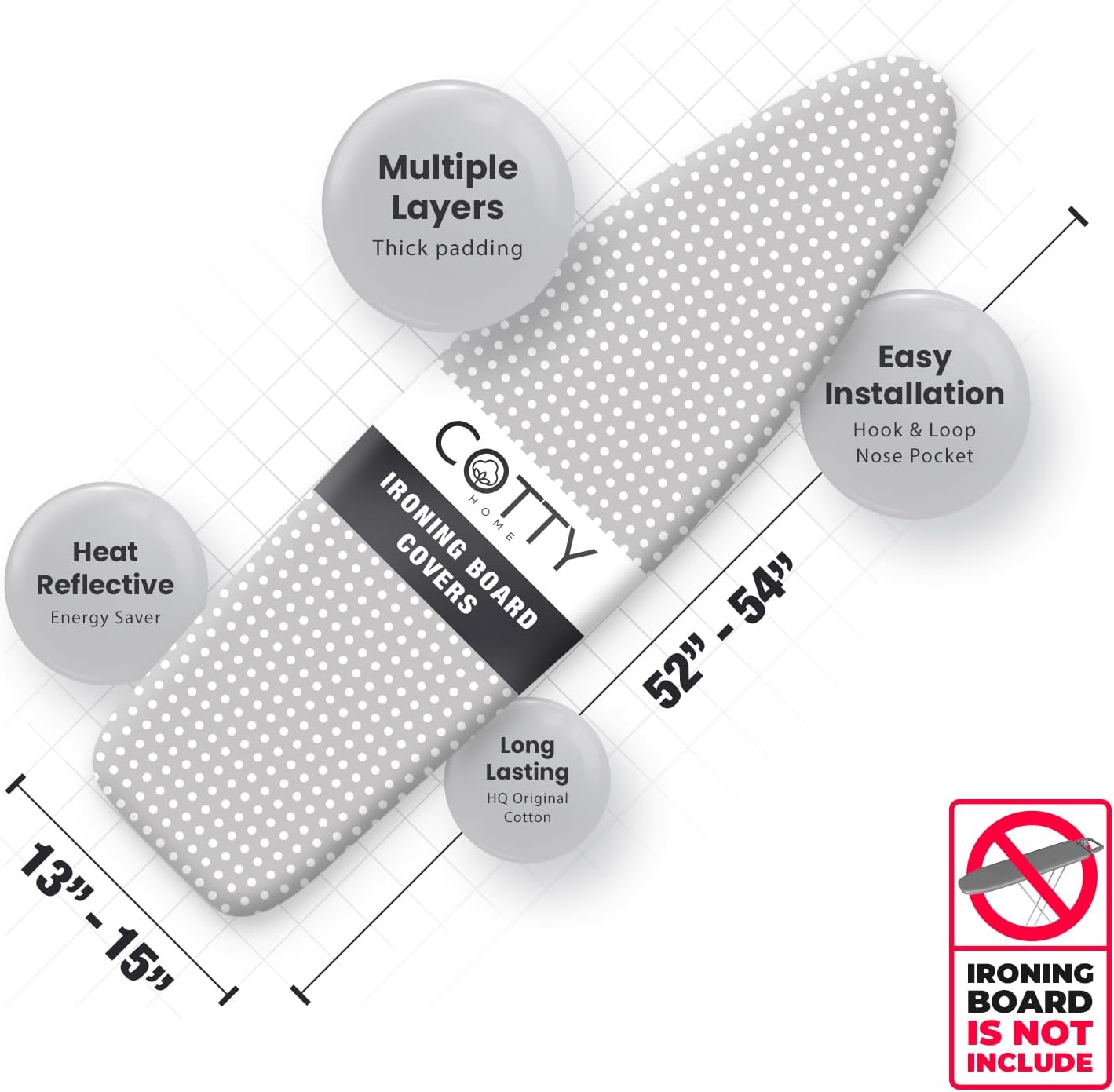 Extra Thick Ironing Board Covers with Pad Standard Size 15x54, Heat Reflective Full Scorch Resistant Padding, Snug Fit Non-Slip Nose Pocket Fastener Straps Elastic Edges, Gray Spotted