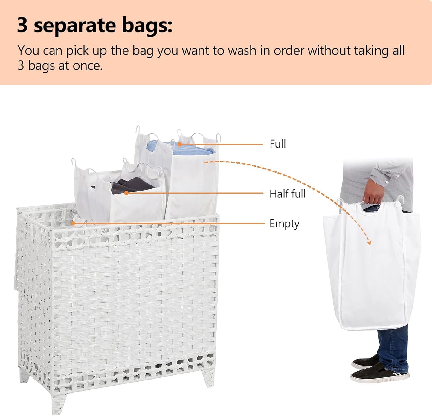 Laundry Hamper with 3 Removable Liner Bags; 132L Handwoven Rattan Laundry Basket with Lid & Heightened Feet; Clothes Hamper with Side Handles; Laundry Sorter with 3 Separate Sections (White)