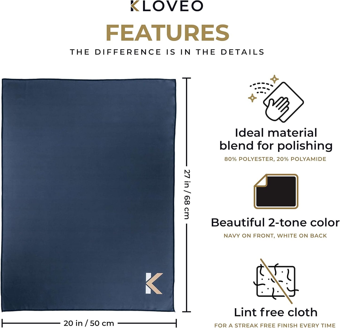 KLOVEO Polishing Cloth - Wine Glass Polishing Cloths - 20x27 Inch Large Size, Lint Free, Microfiber Cleaning Cloth for Glassware, Glasses, Sunglasses, Phone Screens, Camera Lens