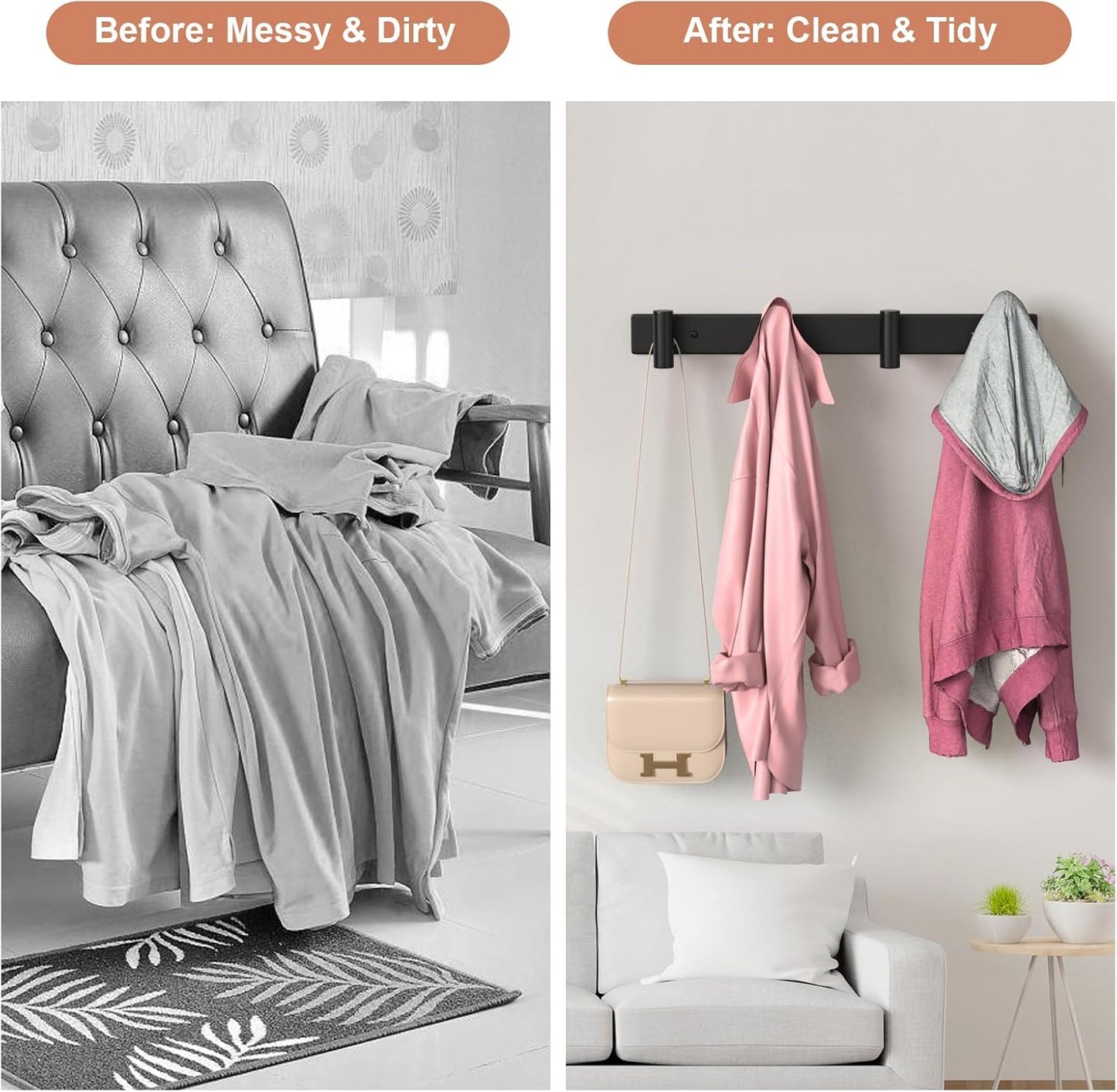 PMMASTO Coat Rack Wall Mounted, 4 "T Shaped Wall Hooks for Hanging, Heavy Duty Stainless Steel Coat Hook Rail for Hat Towel Robes in Bathroom Kitchen Mudroom Entryway (Black, 1 PC)