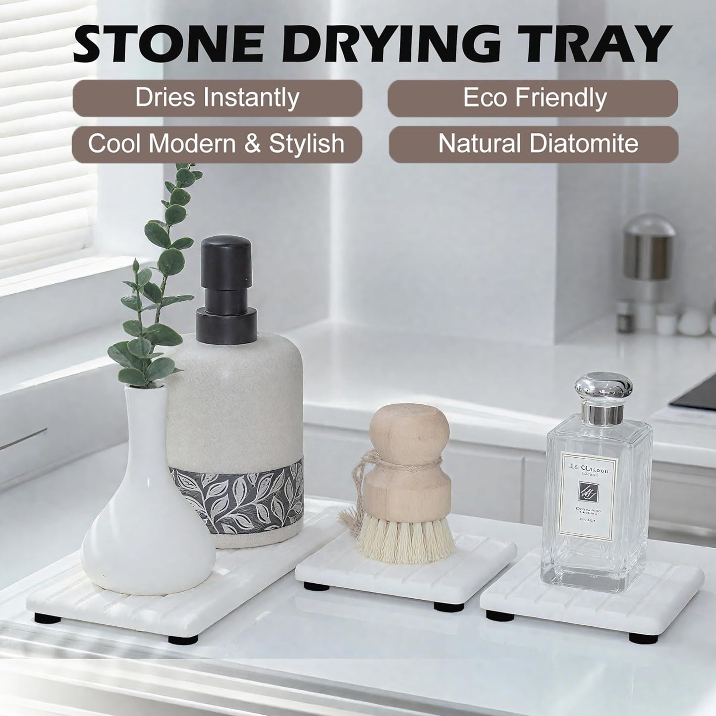 3PCS Stone Drying Tray, Stones Soap Trays, Water Absorbing Stone Tray for Sink, Fast Dry Diatomite Stones Mat, Used for Hand Soaps,Sponge,Toothbrush Holder in Bathroom Counter and Kitchen Sinks